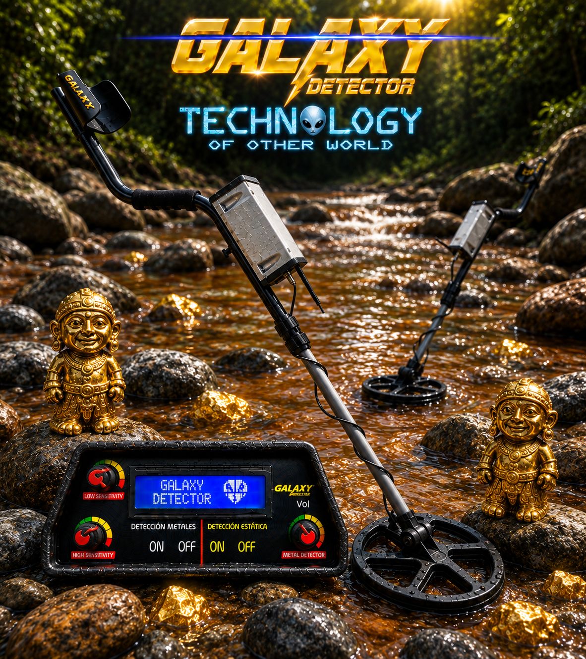 Galaxy Detector Max en campo, junto a piezas de oro
